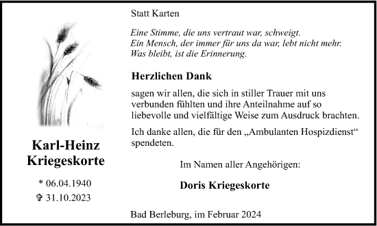 Traueranzeige von Karl-Heinz Kriegeskorte von Tageszeitung