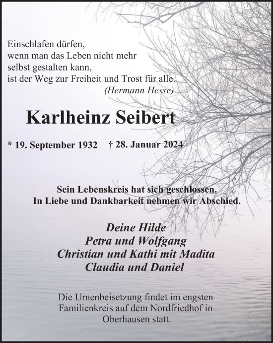 Traueranzeige von Karlheinz Seibert von Tageszeitung