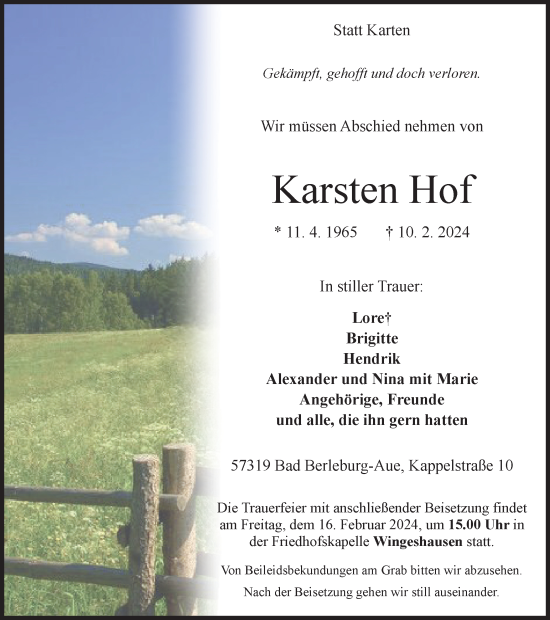 Traueranzeige von Karsten Hof von Tageszeitung