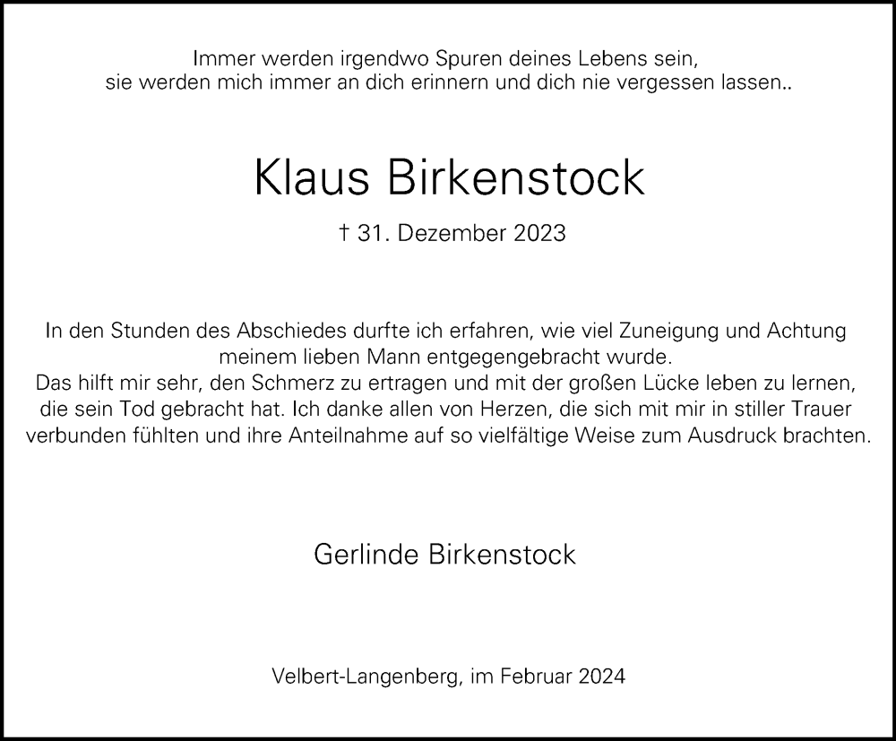  Traueranzeige für Klaus Birkenstock vom 17.02.2024 aus Tageszeitung