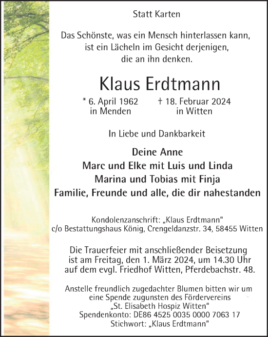 Traueranzeige von Klaus Erdtmann von Tageszeitung