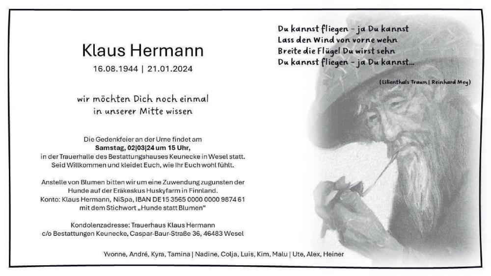  Traueranzeige für Klaus Hermann vom 03.02.2024 aus Tageszeitung