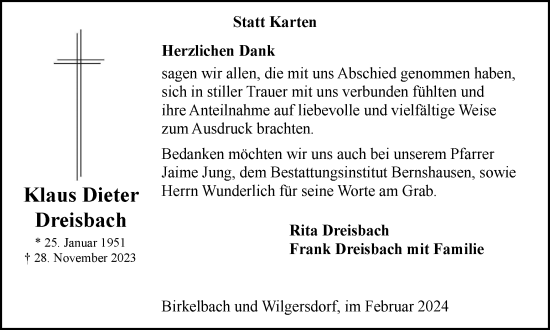 Traueranzeige von Klaus Dieter Dreisbach von Tageszeitung
