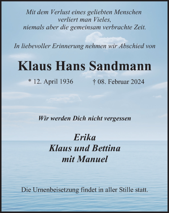 Traueranzeige von Klaus Hans Sandmann von Tageszeitung