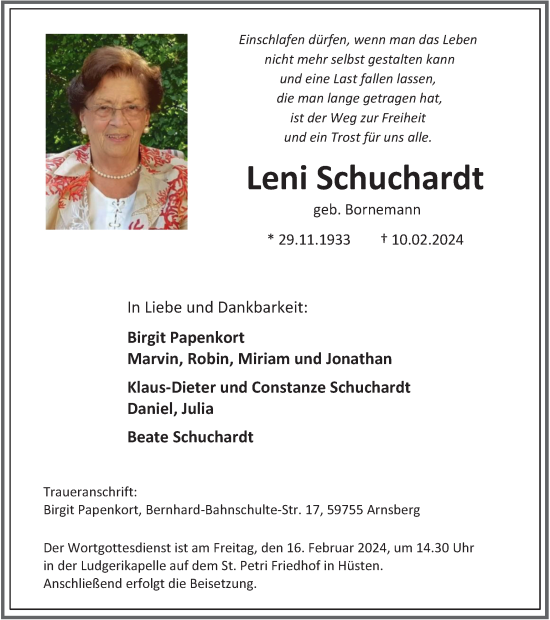 Traueranzeige von Leni Schuchardt von Tageszeitung