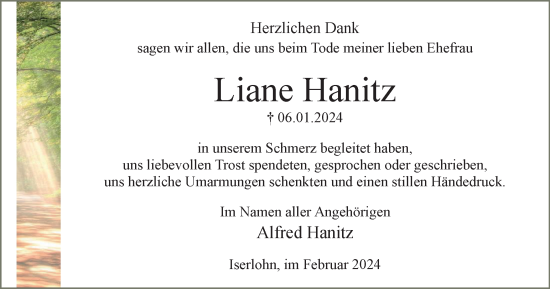 Traueranzeige von Liane Hanitz von Tageszeitung