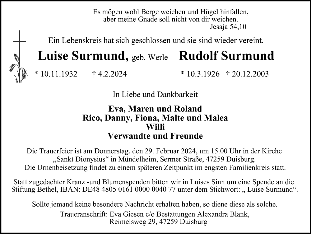  Traueranzeige für Luise und Rudolf Surmund vom 17.02.2024 aus Tageszeitung