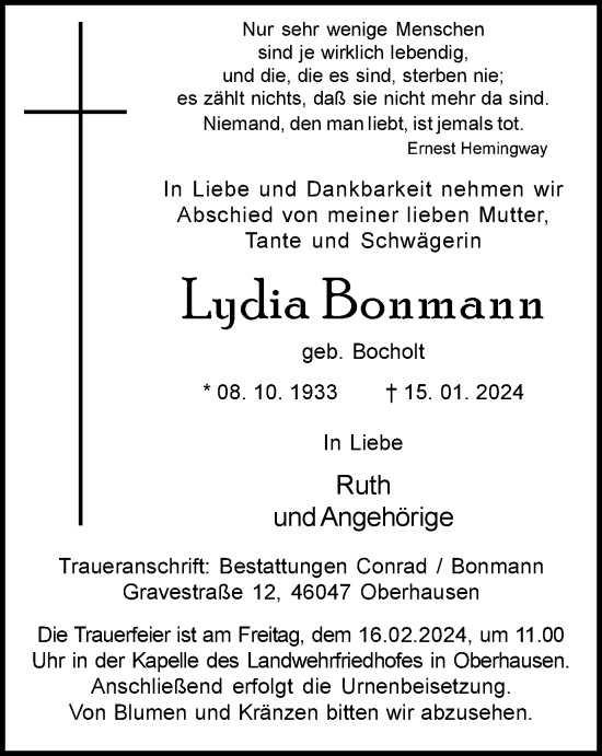 Traueranzeige von Lydia Bonmann von Tageszeitung
