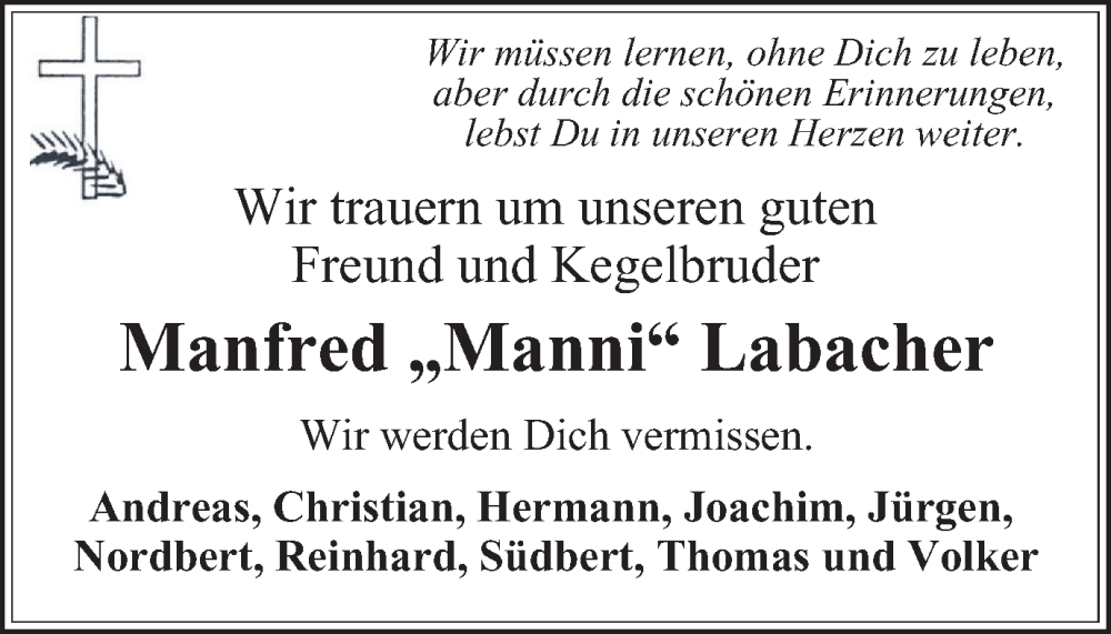  Traueranzeige für Manfred  Labacher vom 17.02.2024 aus Tageszeitung