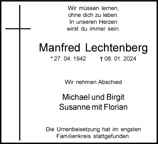 Traueranzeige von Manfred Lechtenberg von Tageszeitung
