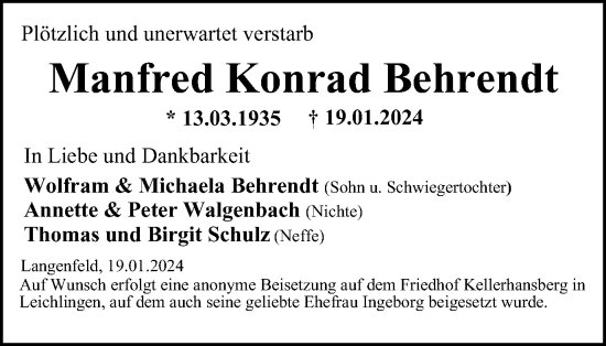 Traueranzeige von Manfred Konrad Behrendt von Tageszeitung