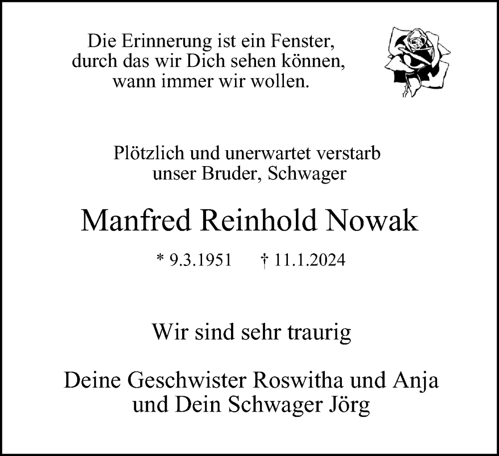  Traueranzeige für Manfred Reinhold Nowak vom 17.02.2024 aus Tageszeitung