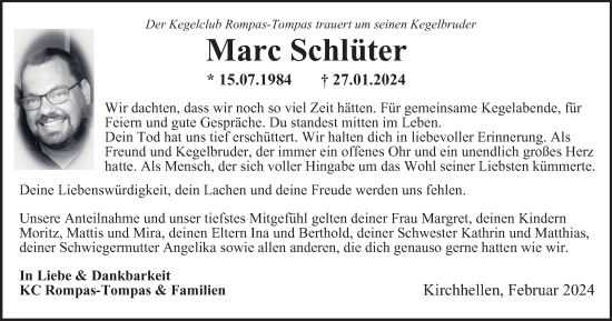 Traueranzeige von Marc Schlüter von Tageszeitung