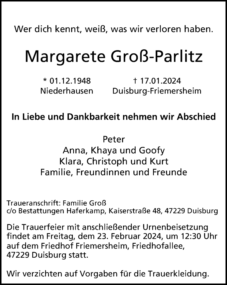  Traueranzeige für Margarete Groß-Parlitz vom 17.02.2024 aus Tageszeitung