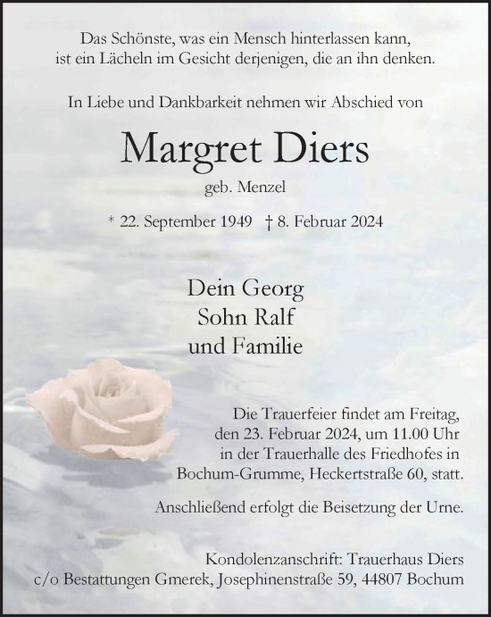 Traueranzeige von Margret Diers von Tageszeitung