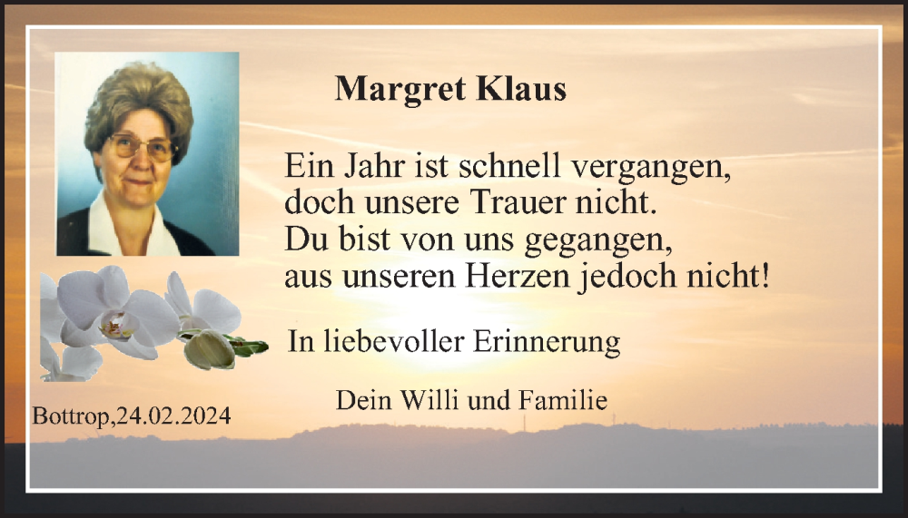  Traueranzeige für Margret Klaus vom 24.02.2024 aus Tageszeitung