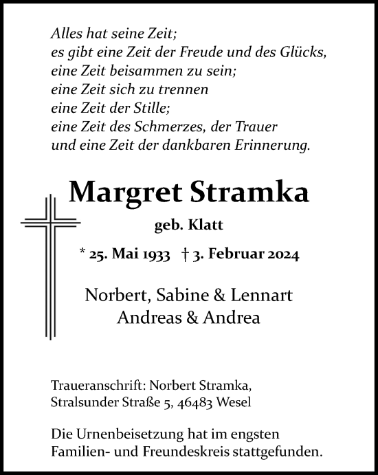 Traueranzeige von Margret Stramka von Tageszeitung