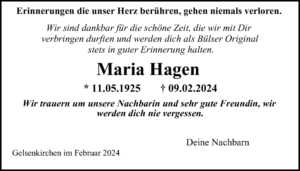  Traueranzeige für Maria Hagen vom 24.02.2024 aus Tageszeitung