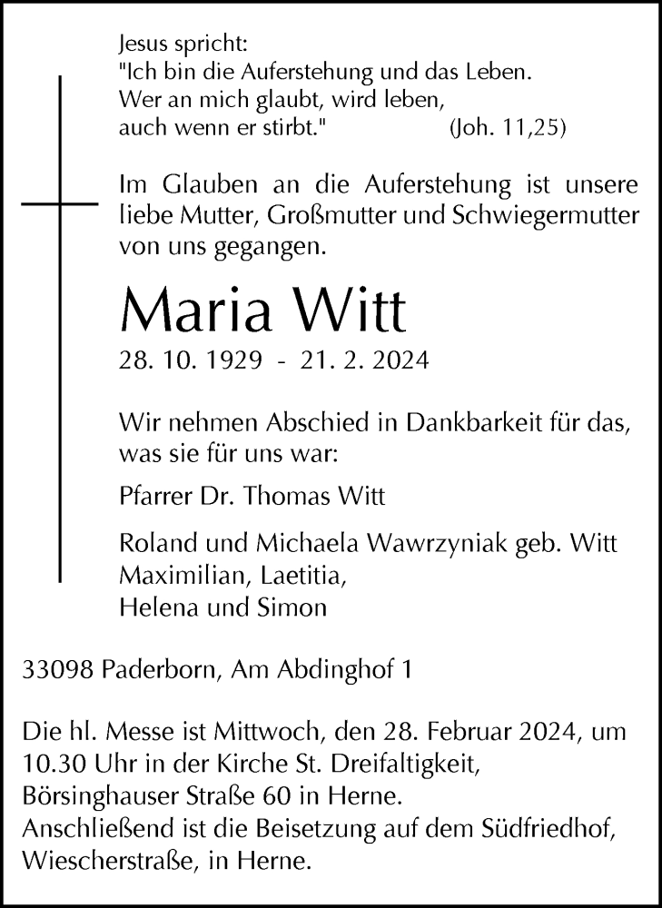  Traueranzeige für Maria Witt vom 24.02.2024 aus Tageszeitung