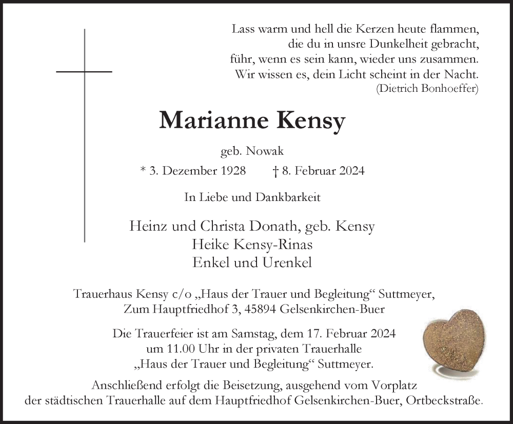  Traueranzeige für Marianne Kensy vom 14.02.2024 aus Tageszeitung