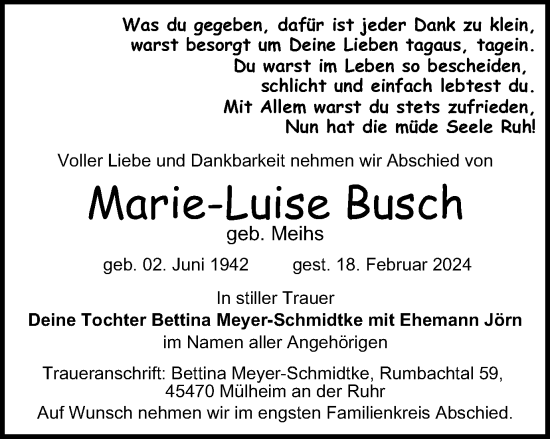 Traueranzeige von Marie-Luise Busch von Tageszeitung