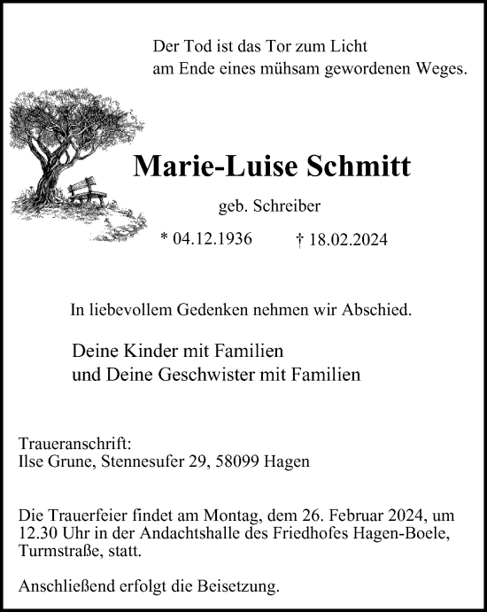 Traueranzeige von Marie-Luise Schmitt von Tageszeitung