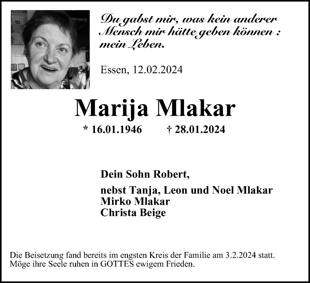  Traueranzeige für Marija Mlakar vom 17.02.2024 aus Tageszeitung