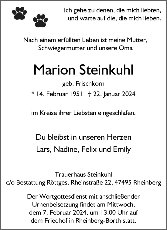 Traueranzeige von Marion Steinkuhl von Tageszeitung