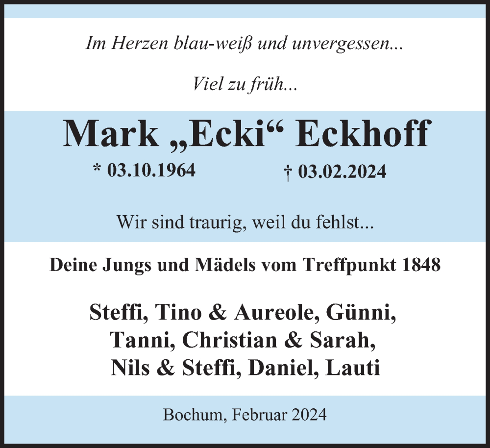  Traueranzeige für Mark  Eckhoff vom 17.02.2024 aus Tageszeitung