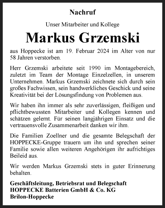 Traueranzeige von Markus Grzemski von Tageszeitung