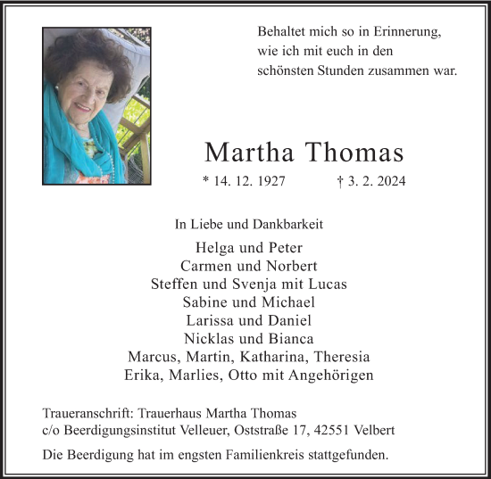 Traueranzeige von Martha Thomas von Tageszeitung