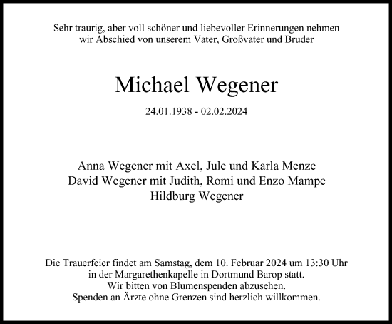 Traueranzeige von Michael Wegener von Tageszeitung