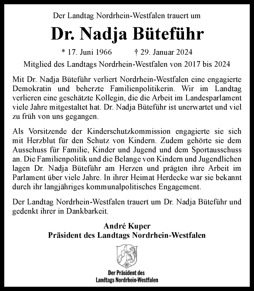  Traueranzeige für Nadja Büteführ vom 03.02.2024 aus Tageszeitung