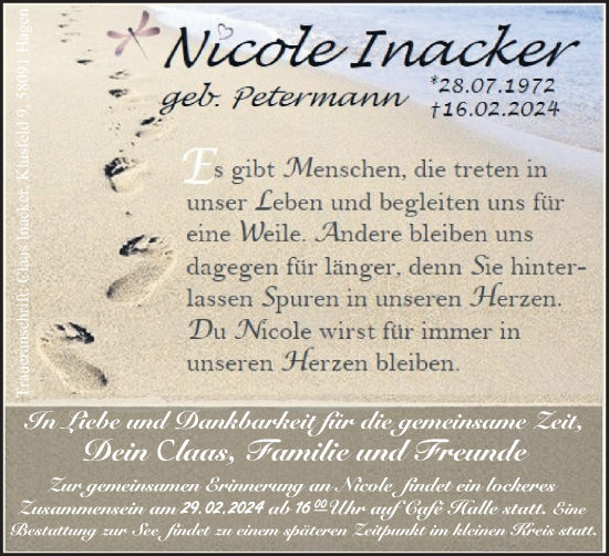 Traueranzeige von Nicole Inacker von Tageszeitung
