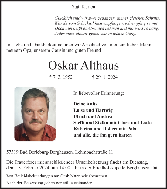 Traueranzeige von Oskar Althaus von Tageszeitung