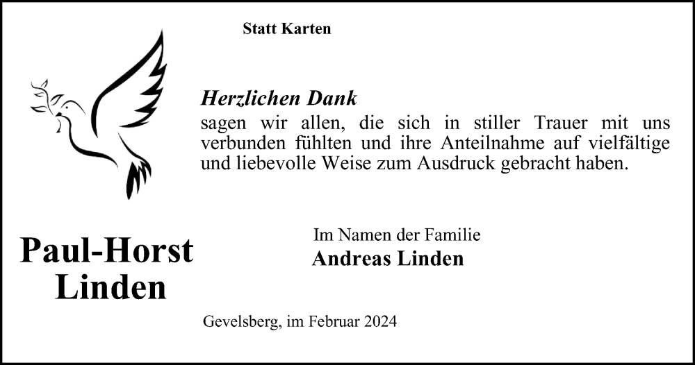  Traueranzeige für Paul-Horst Linden vom 10.02.2024 aus Tageszeitung