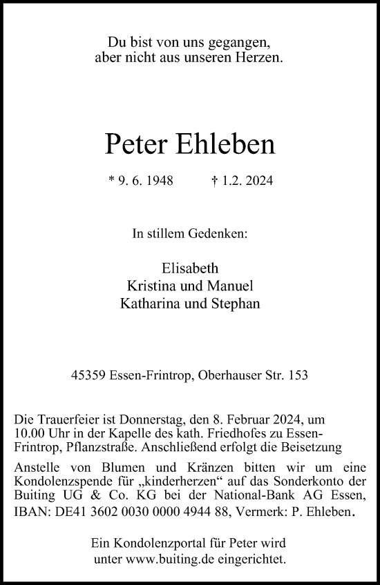Traueranzeige von Peter Ehleben von Tageszeitung