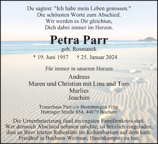 Traueranzeige von Petra Parr von Tageszeitung