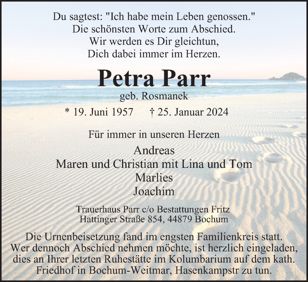  Traueranzeige für Petra Parr vom 16.02.2024 aus Tageszeitung