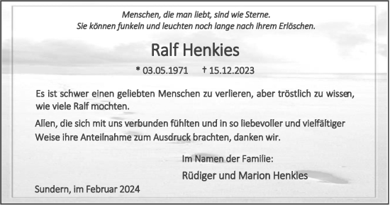 Traueranzeige von Ralf Henkies von Tageszeitung