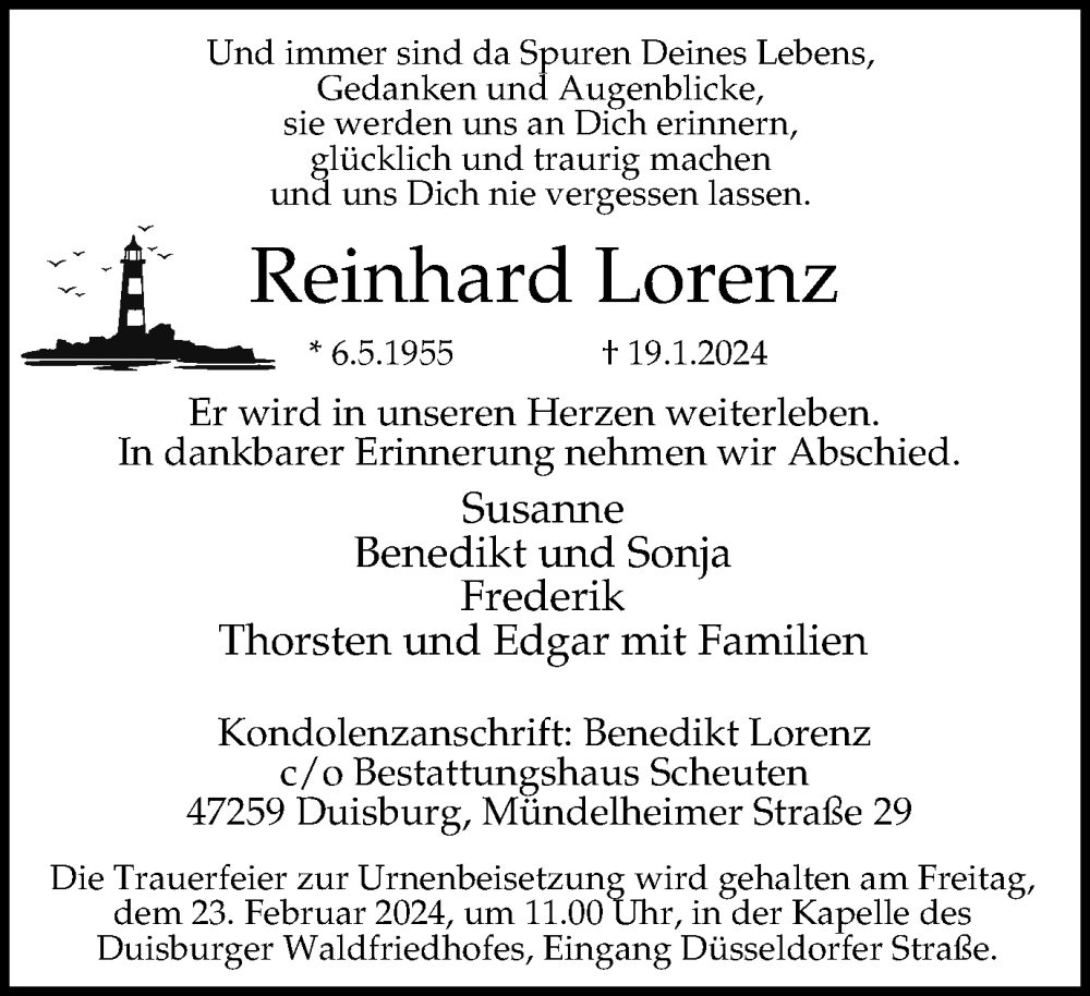  Traueranzeige für Reinhard Lorenz vom 03.02.2024 aus Tageszeitung
