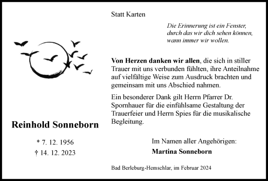 Traueranzeige von Reinhold Sonneborn von Tageszeitung
