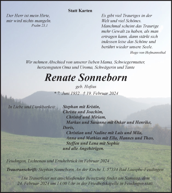 Traueranzeige von Renate Sonneborn von Tageszeitung