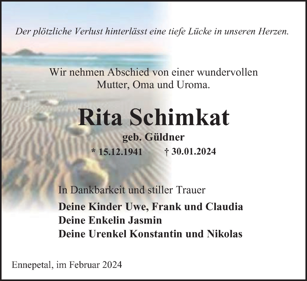  Traueranzeige für Rita Schimkat vom 03.02.2024 aus Tageszeitung