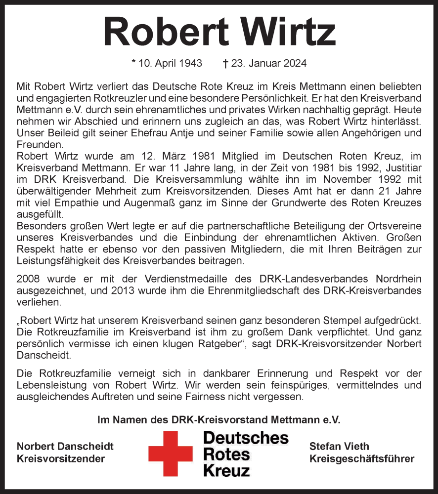  Traueranzeige für Robert Wirtz vom 03.02.2024 aus Tageszeitung