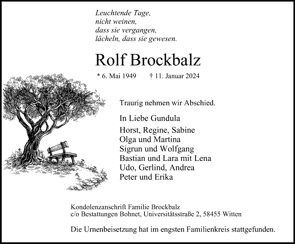  Traueranzeige für Rolf Brockbalz vom 10.02.2024 aus Tageszeitung