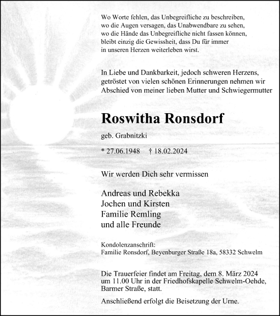 Traueranzeige von Roswitha Ronsdorf von Tageszeitung