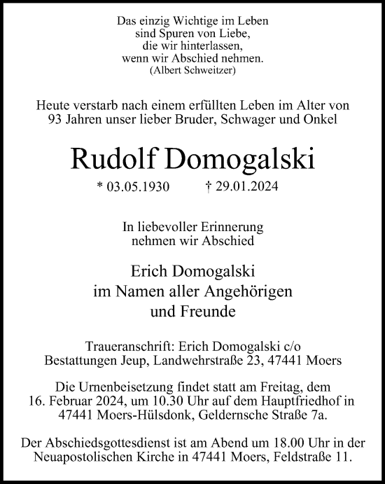 Traueranzeige von Rudolf Domogalski von Tageszeitung