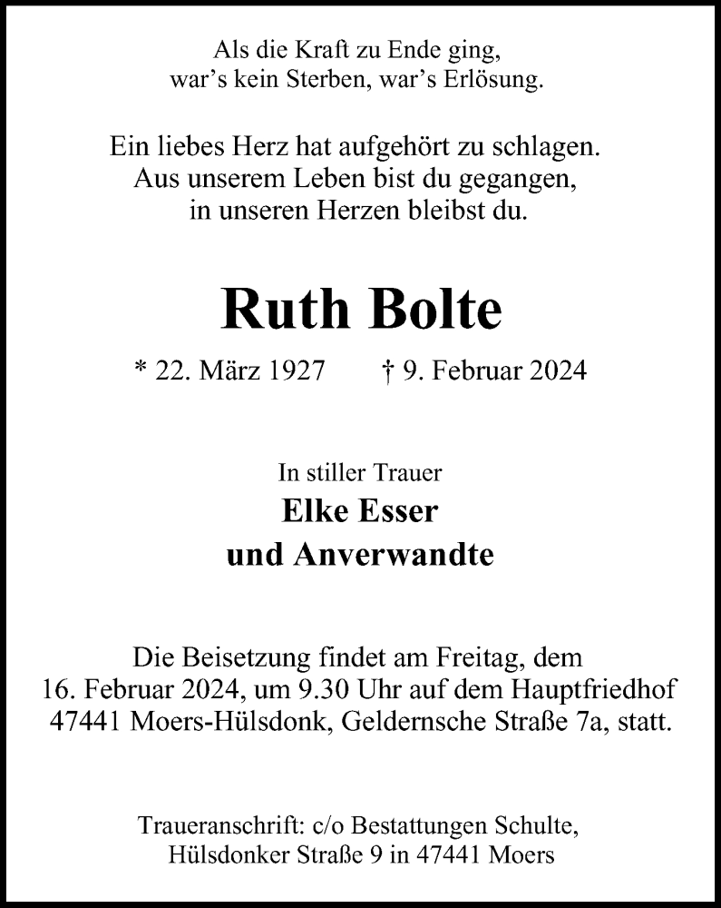  Traueranzeige für Ruth Bolte vom 14.02.2024 aus Tageszeitung