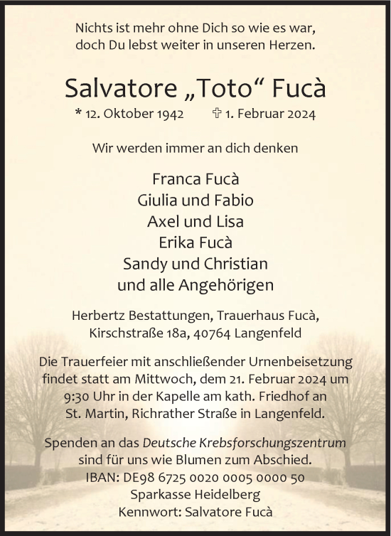 Traueranzeige von Salvatore Fuca von Tageszeitung